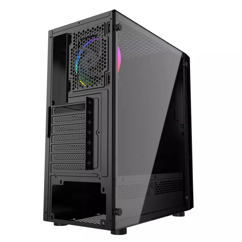 Obudowa PC GEMBIRD Fornax 2000 RGB Midi Tower Czarna — Micro ATX/ITX/ATX, 1x120mm tylny wentylator, 2x2.5 cala zatoki, 2x3.0 USB-A, Szkło hartowane