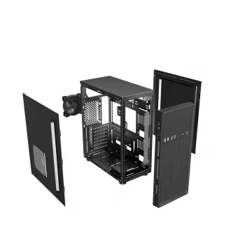 Obudowa PC GEMBIRD Fornax 160 Mini Tower — czarna, SPCC, obsługa ITX/mATX/ATX, 1×3,5 cala + 3×2,5 cala zatoki, 7 gniazd rozszerzeń, 445×185×390 mm
