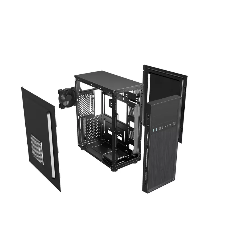 Obudowa PC GEMBIRD Fornax 160 Mini Tower — czarna, SPCC, obsługa ITX/mATX/ATX, 1×3,5 cala + 3×2,5 cala zatoki, 7 gniazd rozszerzeń, 445×185×390 mm