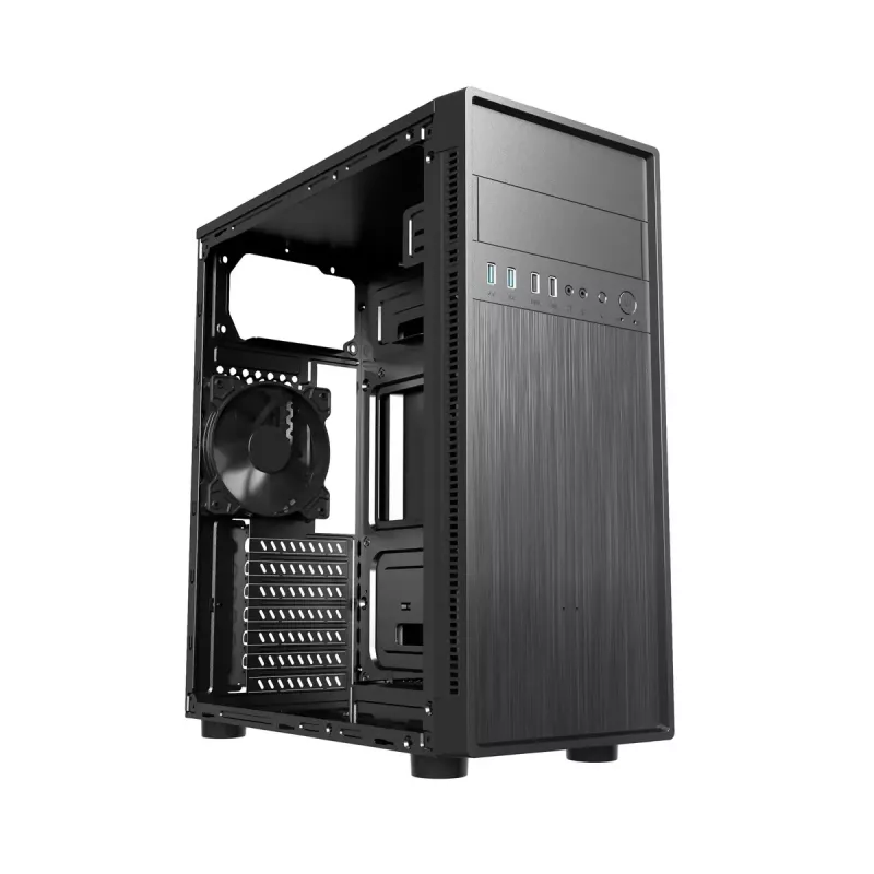 Obudowa PC GEMBIRD Fornax 160 Mini Tower — czarna, SPCC, obsługa ITX/mATX/ATX, 1×3,5 cala + 3×2,5 cala zatoki, 7 gniazd rozszerzeń, 445×185×390 mm