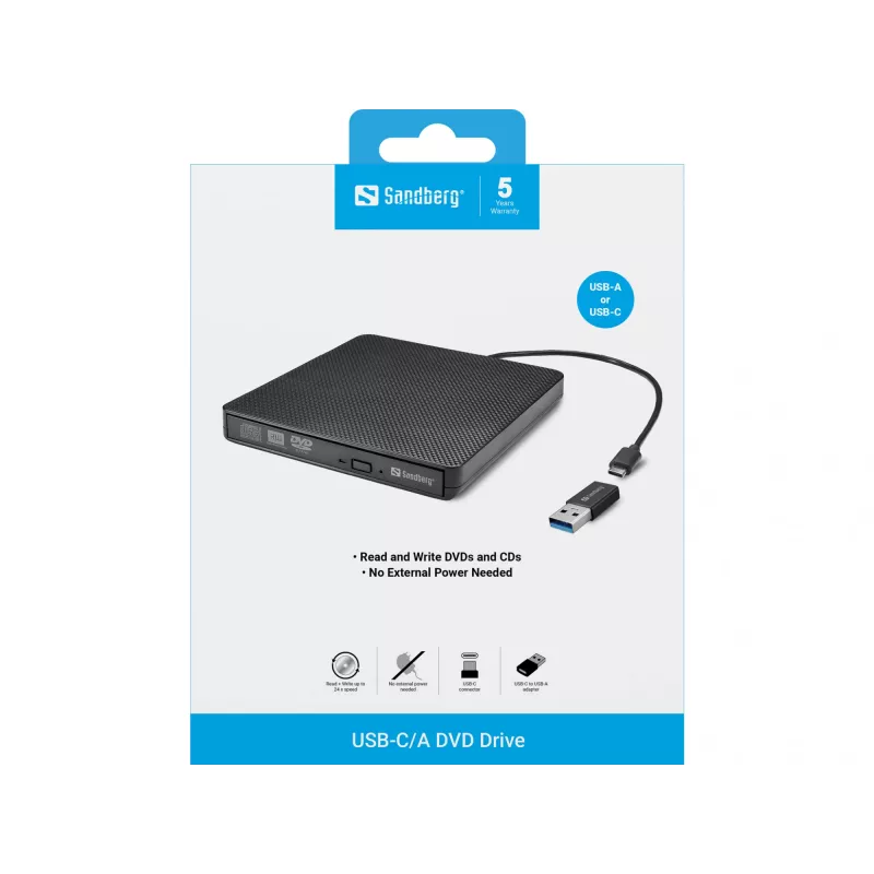 Sandberg USB-C/A DVD Drive, czarny, tacka, Komputer stacjonarny/Laptop, DVD Super Multi DL, USB Type-C, CD-R, CD-ROM, CD-RW, DVD+R DL, DVD-R, DVD-R DL, DVD-RAM, DVD-ROM, DVD-RW