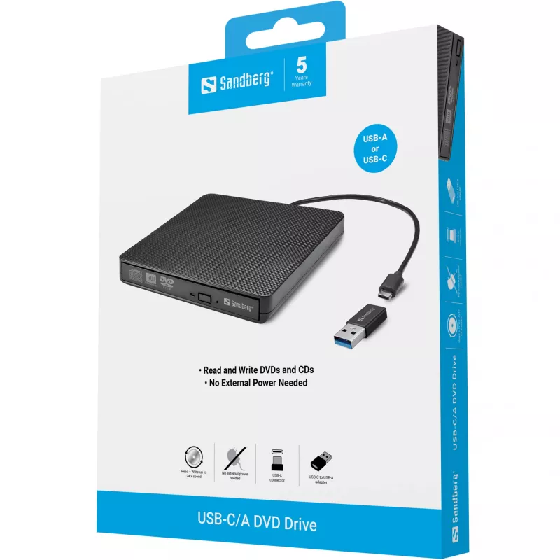 Sandberg USB-C/A DVD Drive, czarny, tacka, Komputer stacjonarny/Laptop, DVD Super Multi DL, USB Type-C, CD-R, CD-ROM, CD-RW, DVD+R DL, DVD-R, DVD-R DL, DVD-RAM, DVD-ROM, DVD-RW