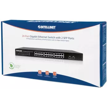 Intellinet 24-Portowy Przełącznik Gigabit Ethernet z 2 portami SFP, 24 x 10/100/1000 Mbps porty RJ45 + 2 x SFP, IEEE 802.3az (Energy Efficient Ethernet), 19-calowy mocowanie w szafie, Metal