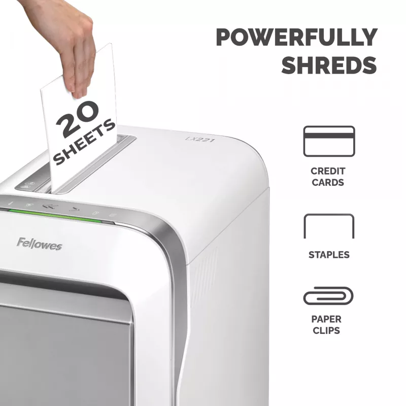 Fellowes LX Series Niszczarka do papieru LX221 20 kartek niszczarka mikrotnąca z wysuwanym koszem 30 l najwyższe bezpieczeństwo P5 biała