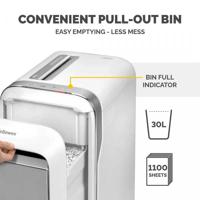 Fellowes LX Series Niszczarka do papieru LX221 20 kartek niszczarka mikrotnąca z wysuwanym koszem 30 l najwyższe bezpieczeństwo P5 biała