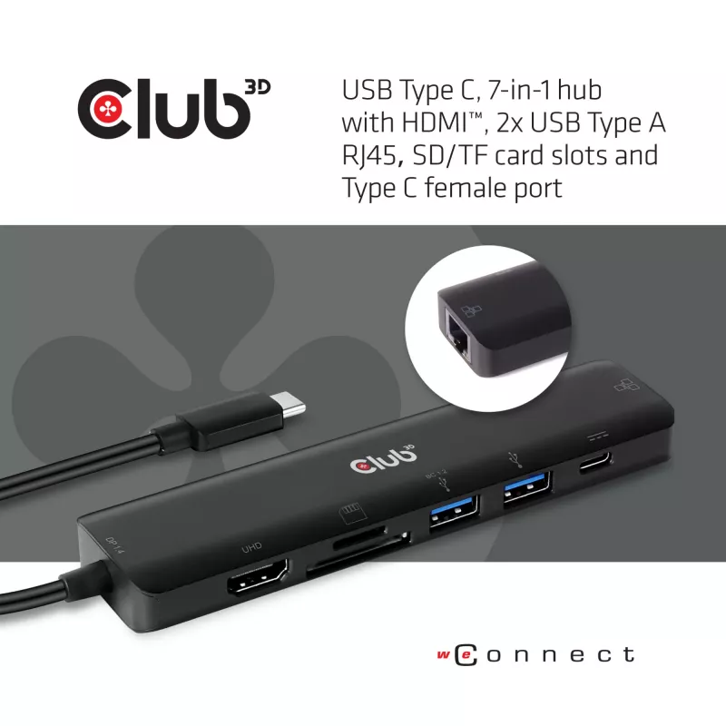 CLUB3D USB type C 7in1 Hub HDMI 4K60Hz SD TF Card slot 2x USB Type A USB Type C PD RJ45 Works with Thunderbolt 3