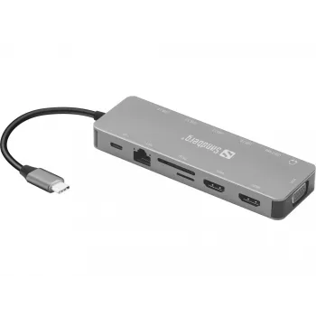 Sandberg USB-C 13-in-1 Travel Dock, USB Typu C, zasilanie 100 W, Ethernet 1000 Mbit/s