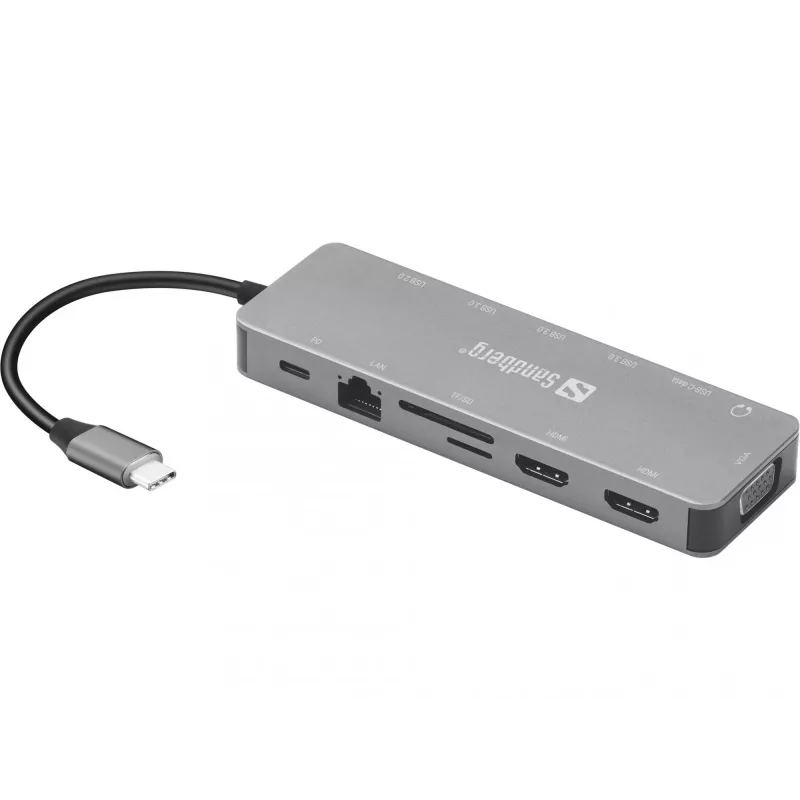 Sandberg USB-C 13-in-1 Travel Dock, USB Typu C, zasilanie 100 W, Ethernet 1000 Mbit/s