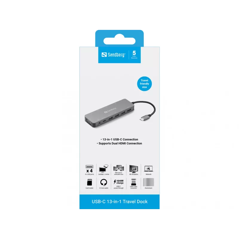 Sandberg USB-C 13-in-1 Travel Dock, USB Typu C, zasilanie 100 W, Ethernet 1000 Mbit/s