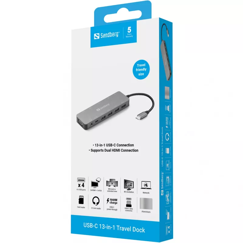 Sandberg USB-C 13-in-1 Travel Dock, USB Typu C, zasilanie 100 W, Ethernet 1000 Mbit/s