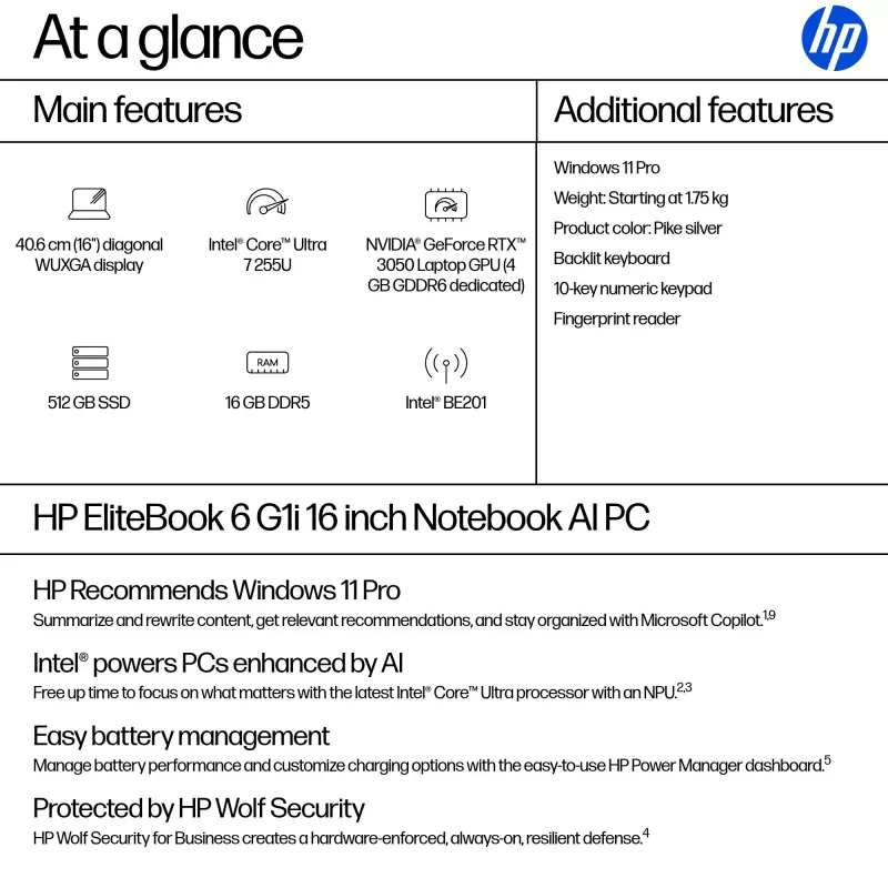 HP EliteBook 6 G1i Intel Core Ultra 7 255U Laptop 40,6 cm (16 cali) WUXGA 16 GB DDR5-SDRAM Wi-Fi 7 (802.11be) Windows 11 Pro AI PC Srebrny