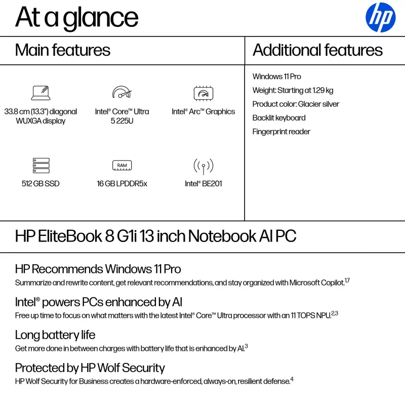 HP EliteBook 8 G1i AI Intel Core Ultra 5 225U Laptop 33,8 cm (13,3 cala) WUXGA 16 GB LPDDR5x-SDRAM Wi-Fi 7 (802.11be) Windows 11 Pro AI PC