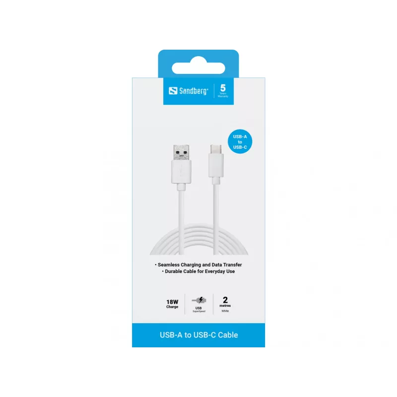 Sandberg USB-C 3.1 USB-A 3.0 2M, 2 m, USB C, USB A, USB 3.2 Gen 1 (3.1 Gen 1), Męski/Męski, Biały
