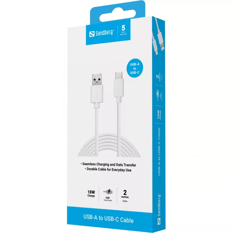 Sandberg USB-C 3.1 USB-A 3.0 2M, 2 m, USB C, USB A, USB 3.2 Gen 1 (3.1 Gen 1), Męski/Męski, Biały