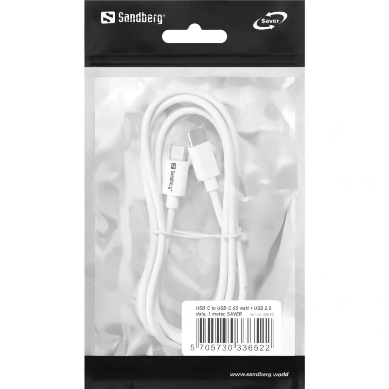 Sandberg USB-C USB-C 65W 1M SAVER, 1 m, USB C, USB C, USB 2.0, biały