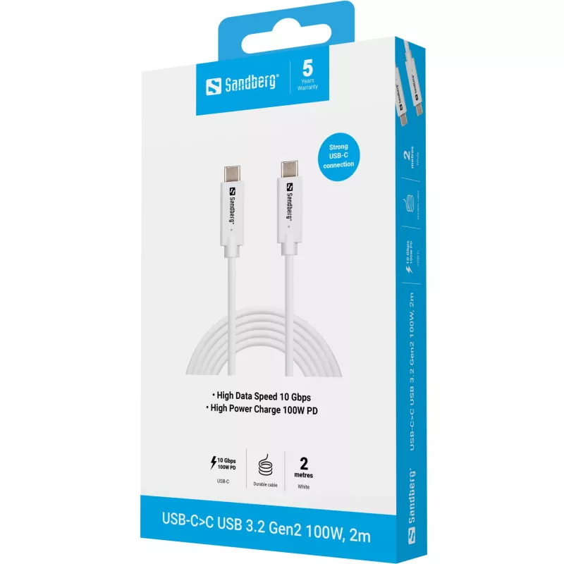 Sandberg USB-C>C USB 3.1 G2 100W 2M Kabel biały