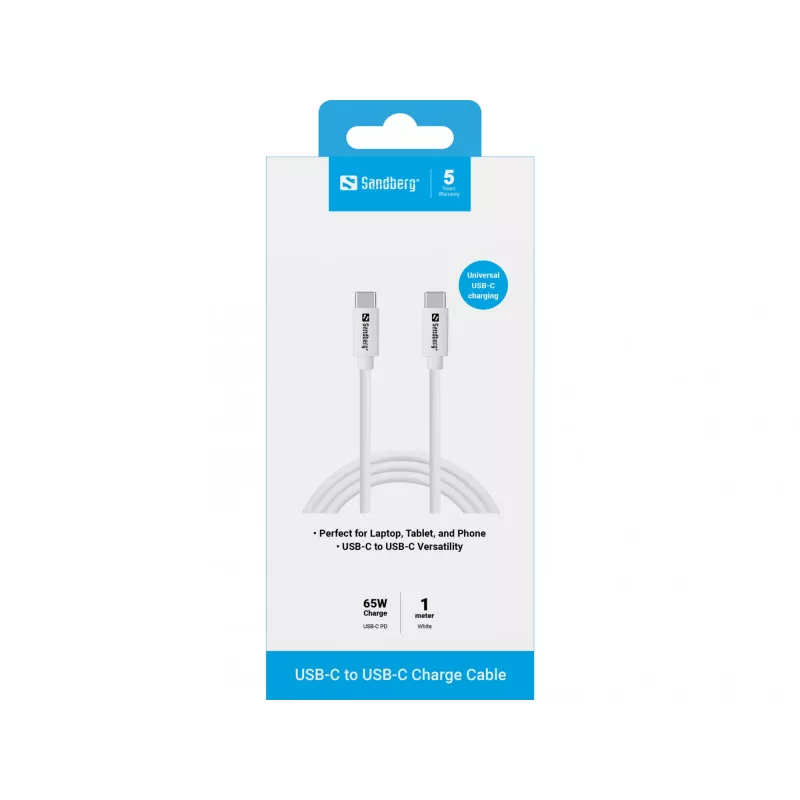 Kabel ładujący Sandberg USB-C 1M, 65W, 1 m, USB C, USB C, USB 3.2 Gen 1 (3.1 Gen 1), biały