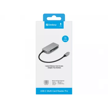 Czytnik kart wieloformatowych Sandberg USB-C Multi Card Reader Pro, CF, MMC, MicroSD (TransFlash), SD, SDHC, SDXC, xD, czarny, USB 3.2 Gen 1 (3.1 Gen 1) Type-C, 1 szt., 82 mm, 23 mm