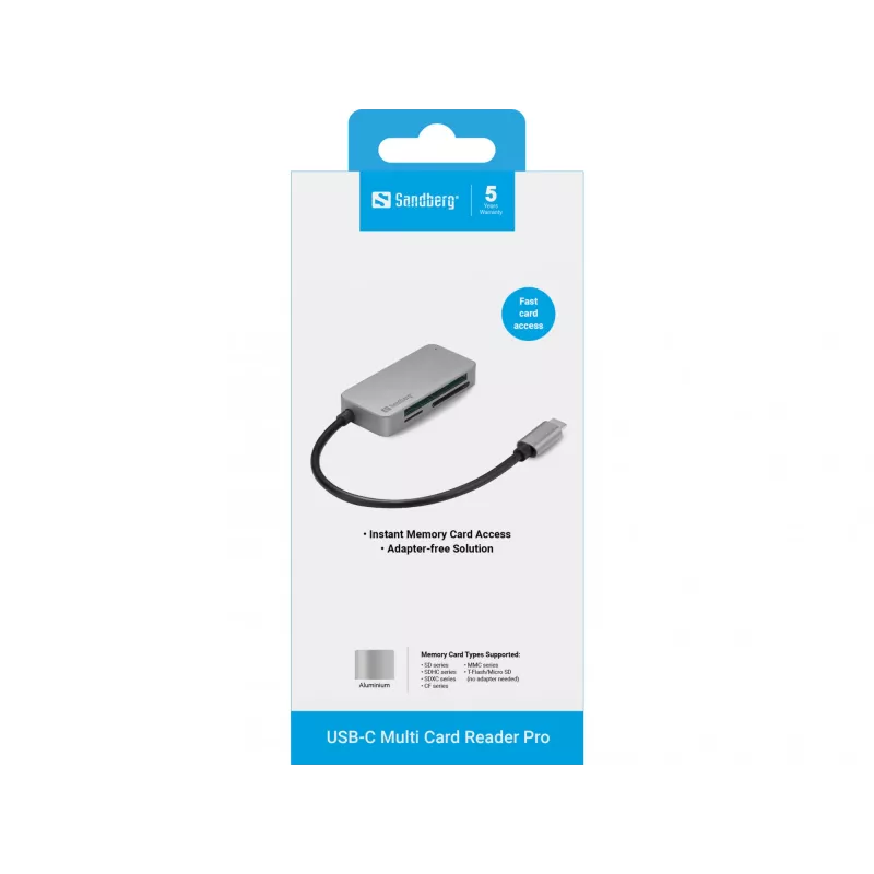 Czytnik kart wieloformatowych Sandberg USB-C Multi Card Reader Pro, CF, MMC, MicroSD (TransFlash), SD, SDHC, SDXC, xD, czarny, USB 3.2 Gen 1 (3.1 Gen 1) Type-C, 1 szt., 82 mm, 23 mm