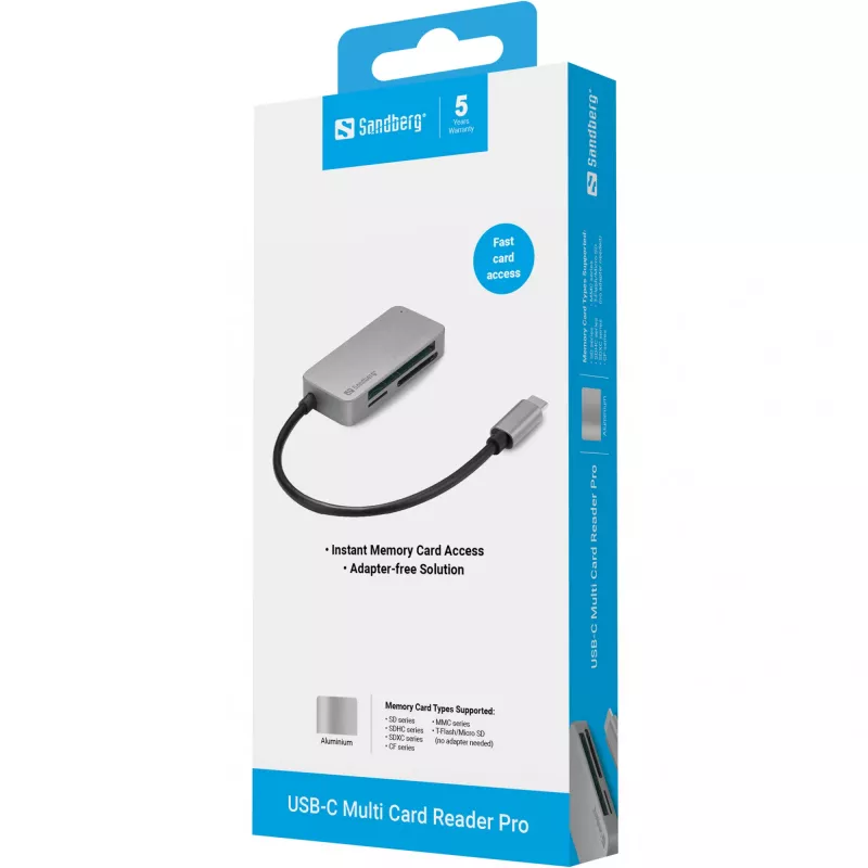 Czytnik kart wieloformatowych Sandberg USB-C Multi Card Reader Pro, CF, MMC, MicroSD (TransFlash), SD, SDHC, SDXC, xD, czarny, USB 3.2 Gen 1 (3.1 Gen 1) Type-C, 1 szt., 82 mm, 23 mm