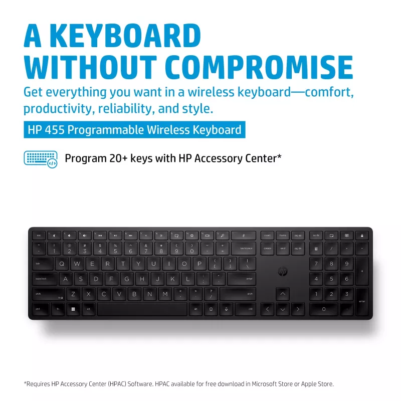 HP 455 Programmable Wireless klawiatura, pełnowymiarowa (100%), bezprzewodowa, RF Wireless, membranowa, czarna