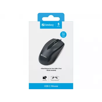 Mysz Sandberg USB-C, symetryczna, optyczna, USB Type-C, 1200 DPI, czarna