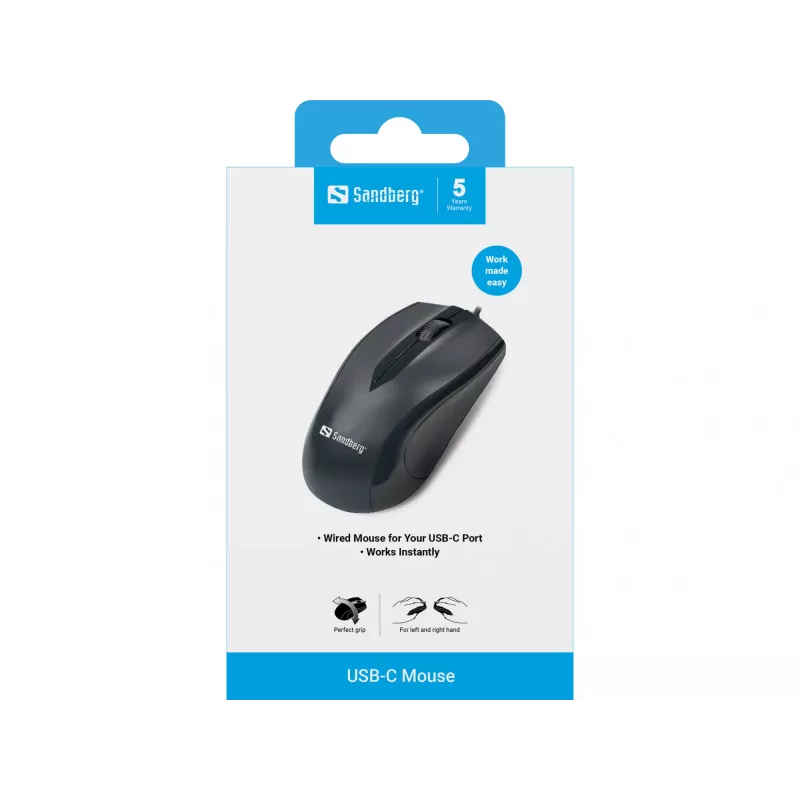 Mysz Sandberg USB-C, symetryczna, optyczna, USB Type-C, 1200 DPI, czarna