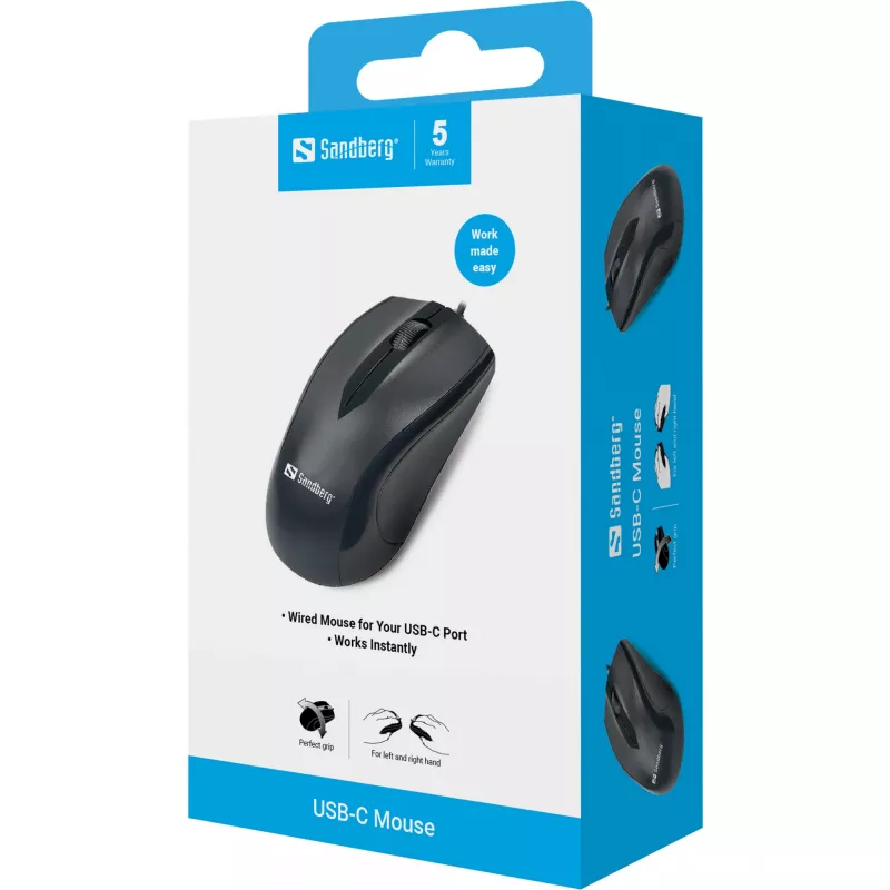 Mysz Sandberg USB-C, symetryczna, optyczna, USB Type-C, 1200 DPI, czarna