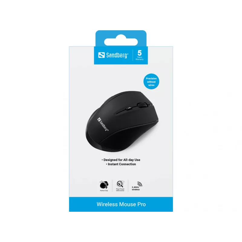 Sandberg Wireless mysz Pro, dla prawej ręki, Optyczny, RF Wireless, 1600 DPI, Czarny