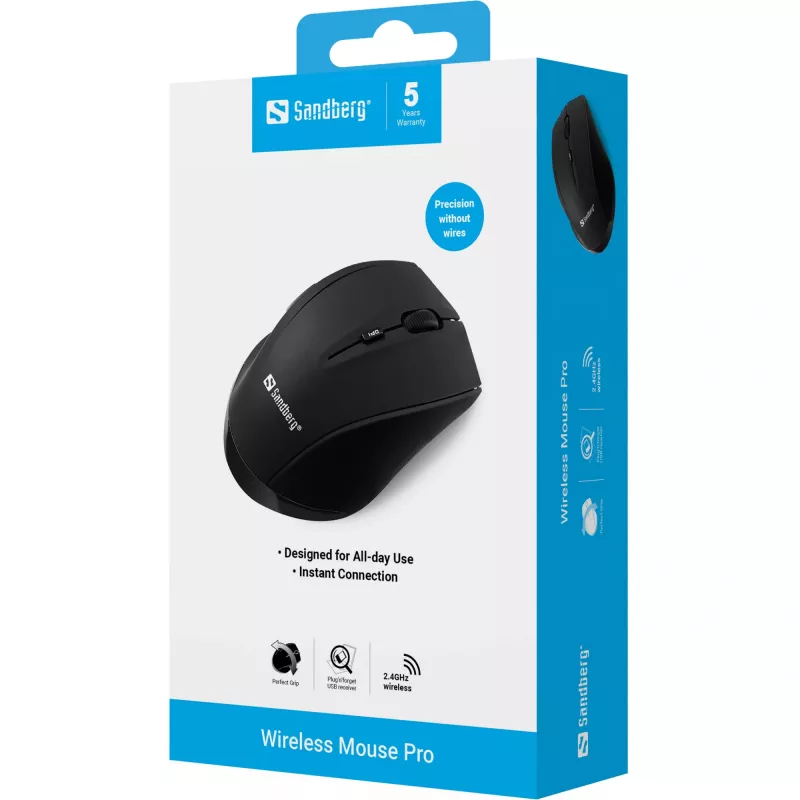Sandberg Wireless mysz Pro, dla prawej ręki, Optyczny, RF Wireless, 1600 DPI, Czarny