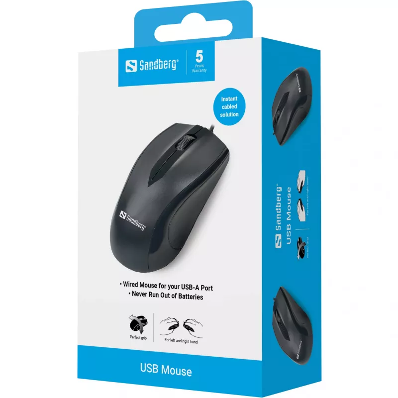 Mysz USB Sandberg, praworęczna, optyczna, USB typu A, 1200 DPI, czarna