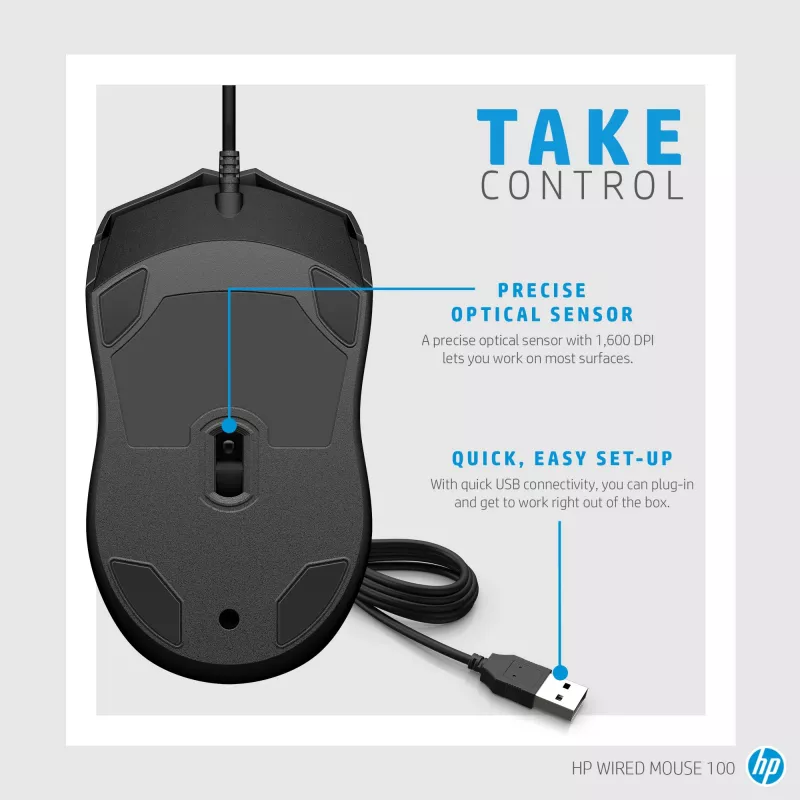 HP Wired mysz 100, Symetryczna, Optyczna, USB Typ-A, 1600 DPI, Czarna