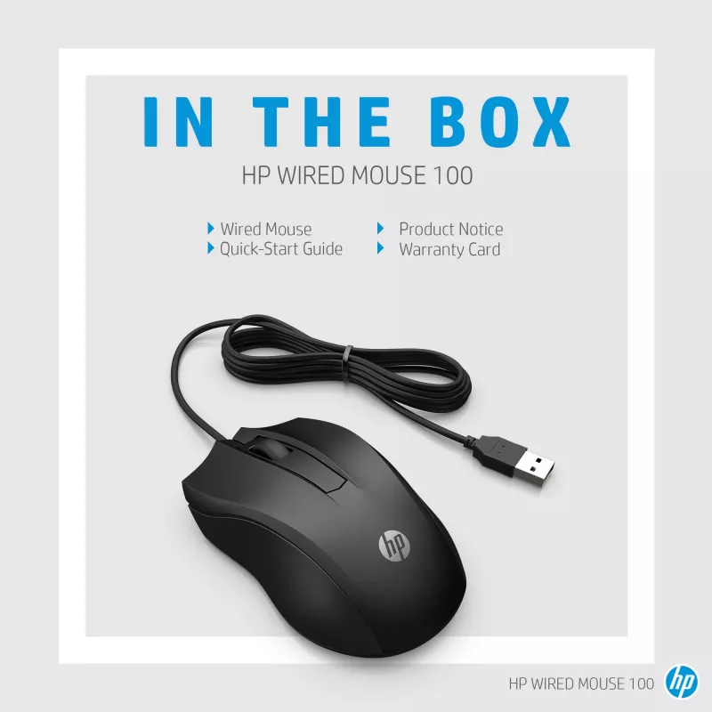HP Wired mysz 100, Symetryczna, Optyczna, USB Typ-A, 1600 DPI, Czarna