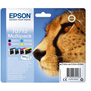 Epson Multipack 4-kolory T0715 Tusz DURABrite Ultra, Czarny, Cyjan, magenta, Żółty, 7,4 ml, 5,5 ml, 1 szt., Opakowanie zbiorcze