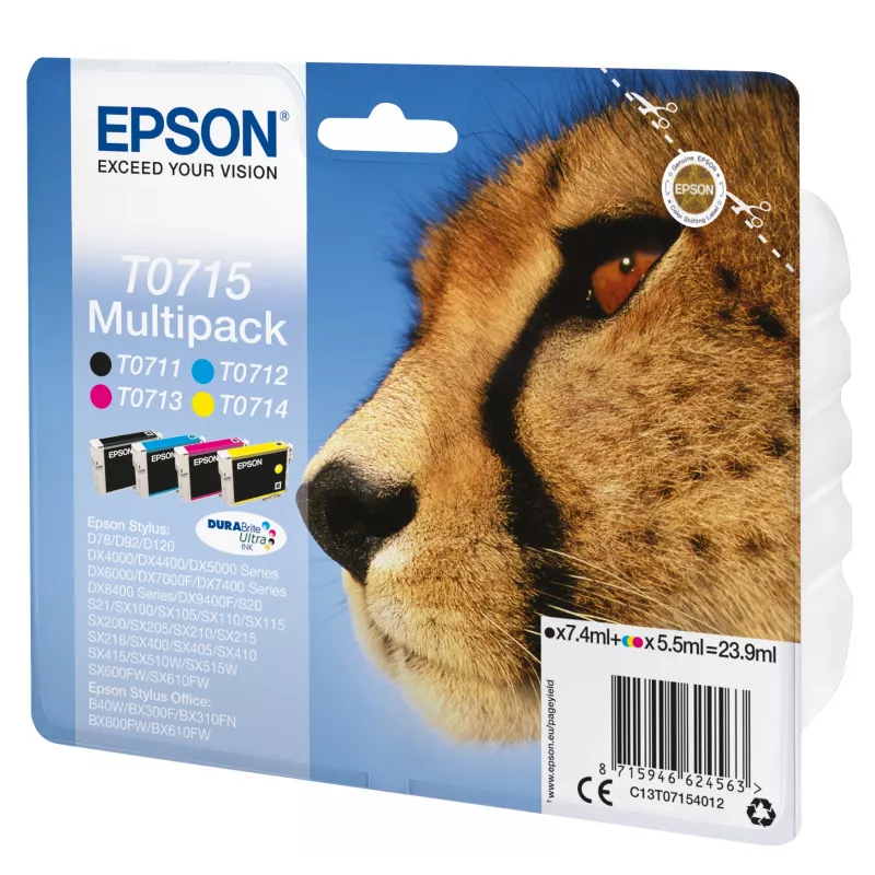 Epson Multipack 4-kolory T0715 Tusz DURABrite Ultra, Czarny, Cyjan, magenta, Żółty, 7,4 ml, 5,5 ml, 1 szt., Opakowanie zbiorcze