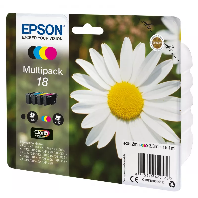 Epson Daisy Multipack 4-kolory 18 Claria Home Ink, czarny, cyjan, magenta, żółty, 5,2 ml, 3,3 ml, 1 szt., 175 stron, zestaw wielopak