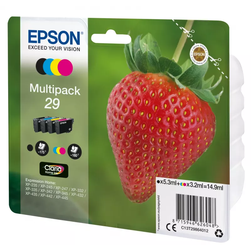 Epson Strawberry Multipack 4-kolory 29 Claria Home Ink, czarny, turkusowy, purpurowy, żółty, 5,3 ml, 3,2 ml, 1 szt., 175 stron, Multi pack