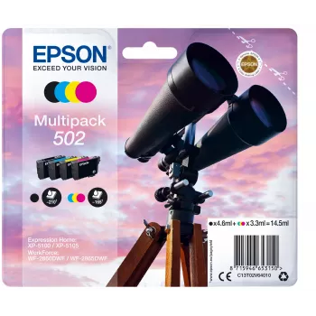 Epson Multipack 4-kolory 502 Atrament, Standardowa wydajność, Czarny, cyjan, magenta, Żółty, 4,6 ml, 3,3 ml, 1 szt., 210 stron