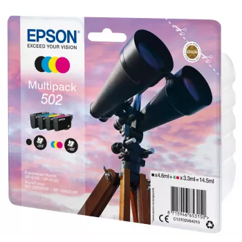 Epson Multipack 4-kolory 502 Atrament, Standardowa wydajność, Czarny, cyjan, magenta, Żółty, 4,6 ml, 3,3 ml, 1 szt., 210 stron