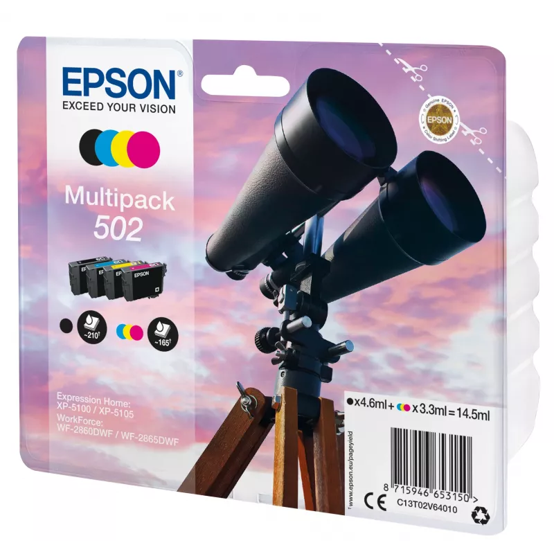 Epson Multipack 4-kolory 502 Atrament, Standardowa wydajność, Czarny, cyjan, magenta, Żółty, 4,6 ml, 3,3 ml, 1 szt., 210 stron