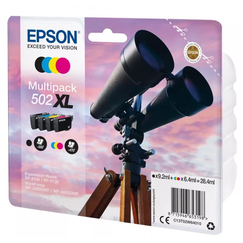 Epson Multipack 4-kolory 502XL Tusz, Wysoka (XL) Wydajność, Czarny, Cyjan, magenta, Żółty, Tusz pigmentowy, Tusz barwnikowy, 9.2 ml, 6.4 ml
