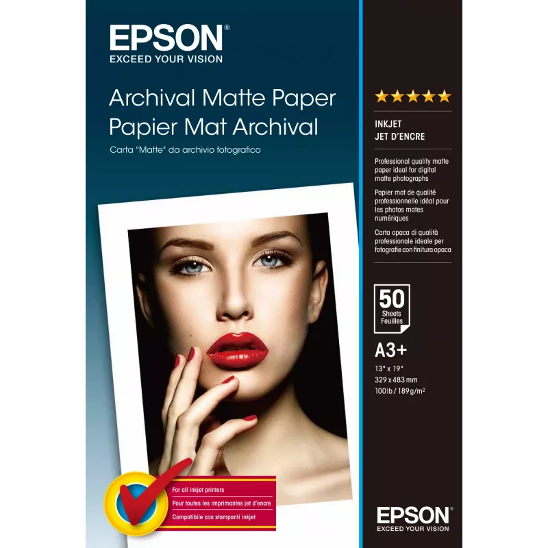 Epson Archival Matte Paper, DIN A3+, 189 g/m², 50 arkuszy, Druk atramentowy, A3+ (330x483 mm), Matowy, 50 arkuszy, 192 g/m², Biały