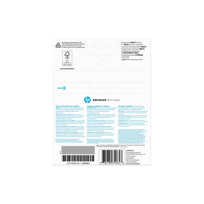 HP Advanced Photo Paper, Glossy, 250 g/m2, 13 x 18 cm (127 x 178 mm), 25 arkuszy
