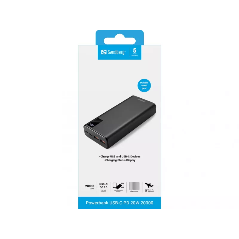 Przenośna bateria Sandberg Powerbank USB-C PD 20W 20000, 20000 mAh