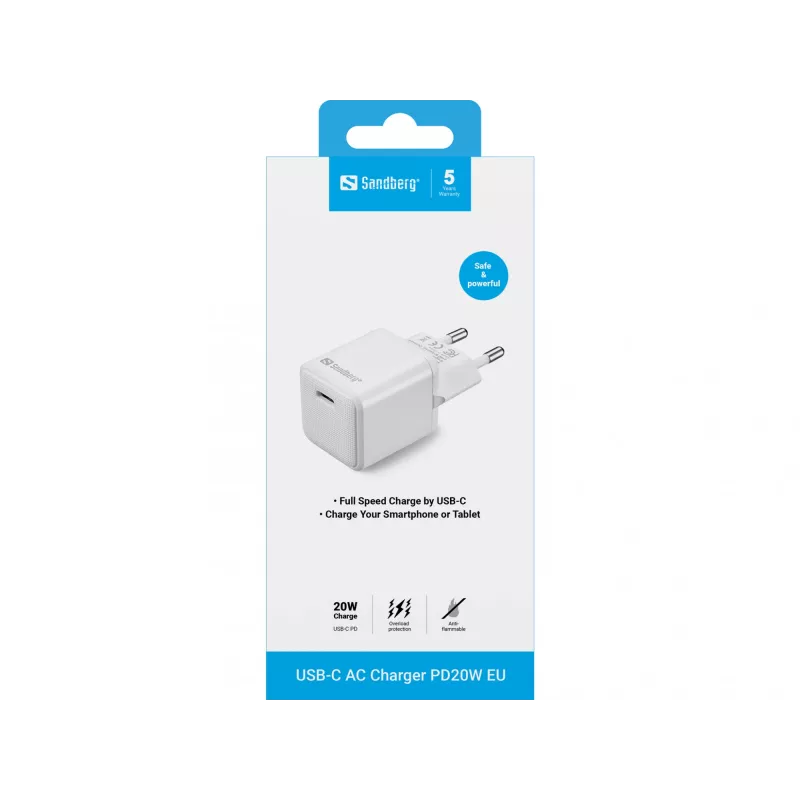 Ładowarka sieciowa Sandberg USB-C PD20W EU, do użytku wewnętrznego, AC, 5 V, 3 A, biała