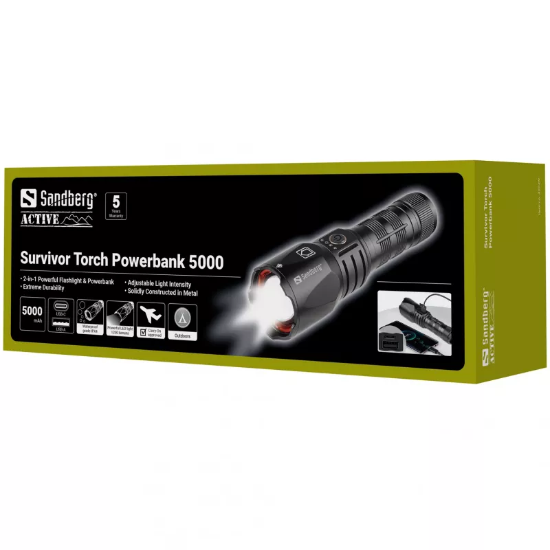Sandberg Survivor Torch Powerbank 5000, Latarka ręczna, Czarny, Aluminium, IPX4, -30 - 40 °C, FCC, RoHS, UKCA, CE