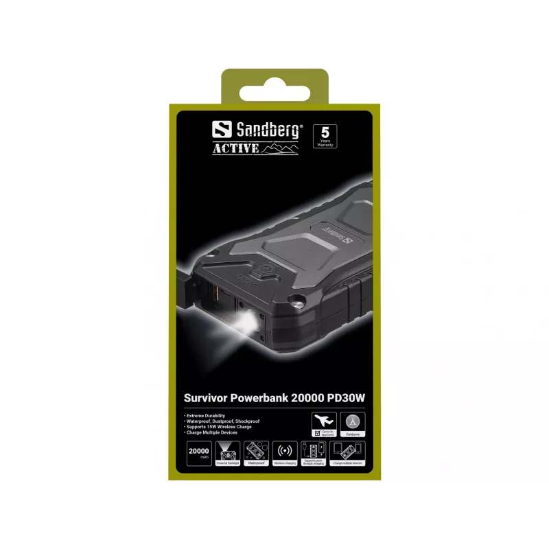 Sandberg Survivor Powerbank 20000 PD30W, 20000 mAh, ładowanie bezprzewodowe, czarny