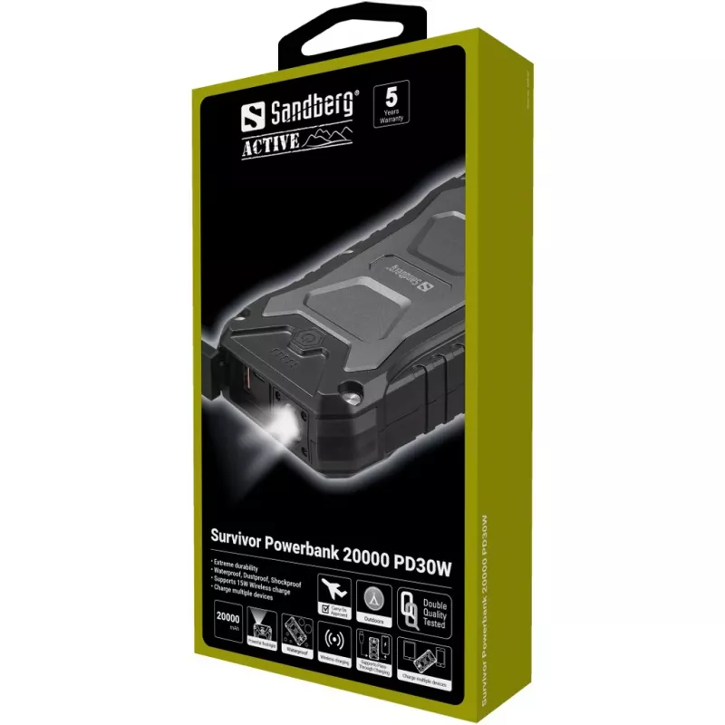 Sandberg Survivor Powerbank 20000 PD30W, 20000 mAh, ładowanie bezprzewodowe, czarny