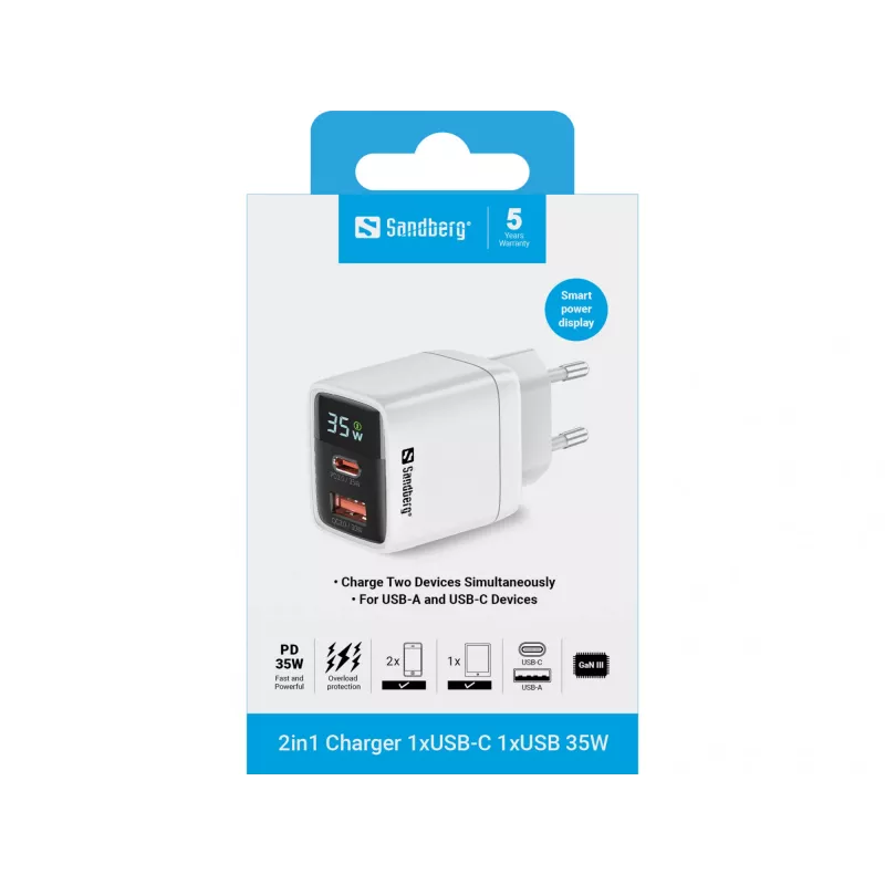 Ładowarka Sandberg 2w1 1xUSB-C 1xUSB 35W Indoor AC Universal