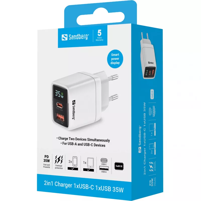 Ładowarka Sandberg 2w1 1xUSB-C 1xUSB 35W Indoor AC Universal